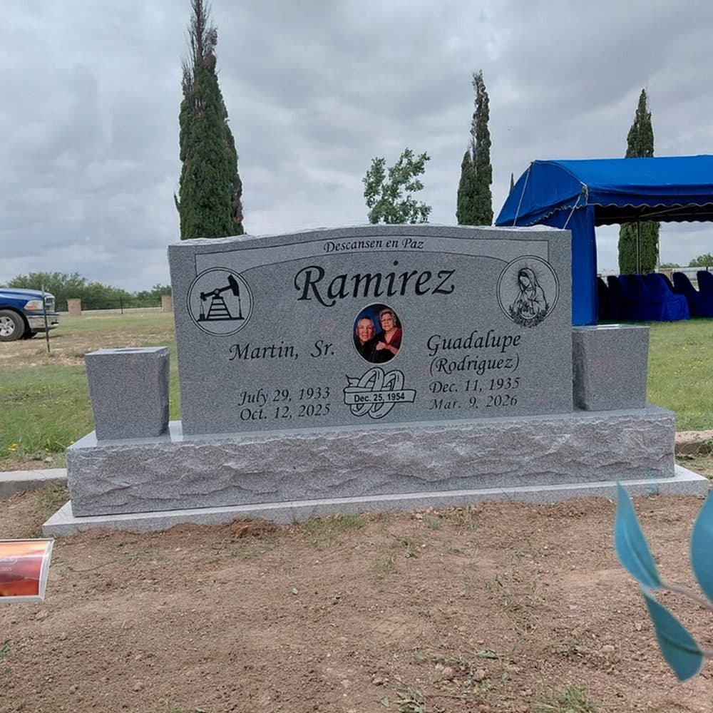 Gray granite companion upright monument with color laser artwork, set at a Texas cemetery