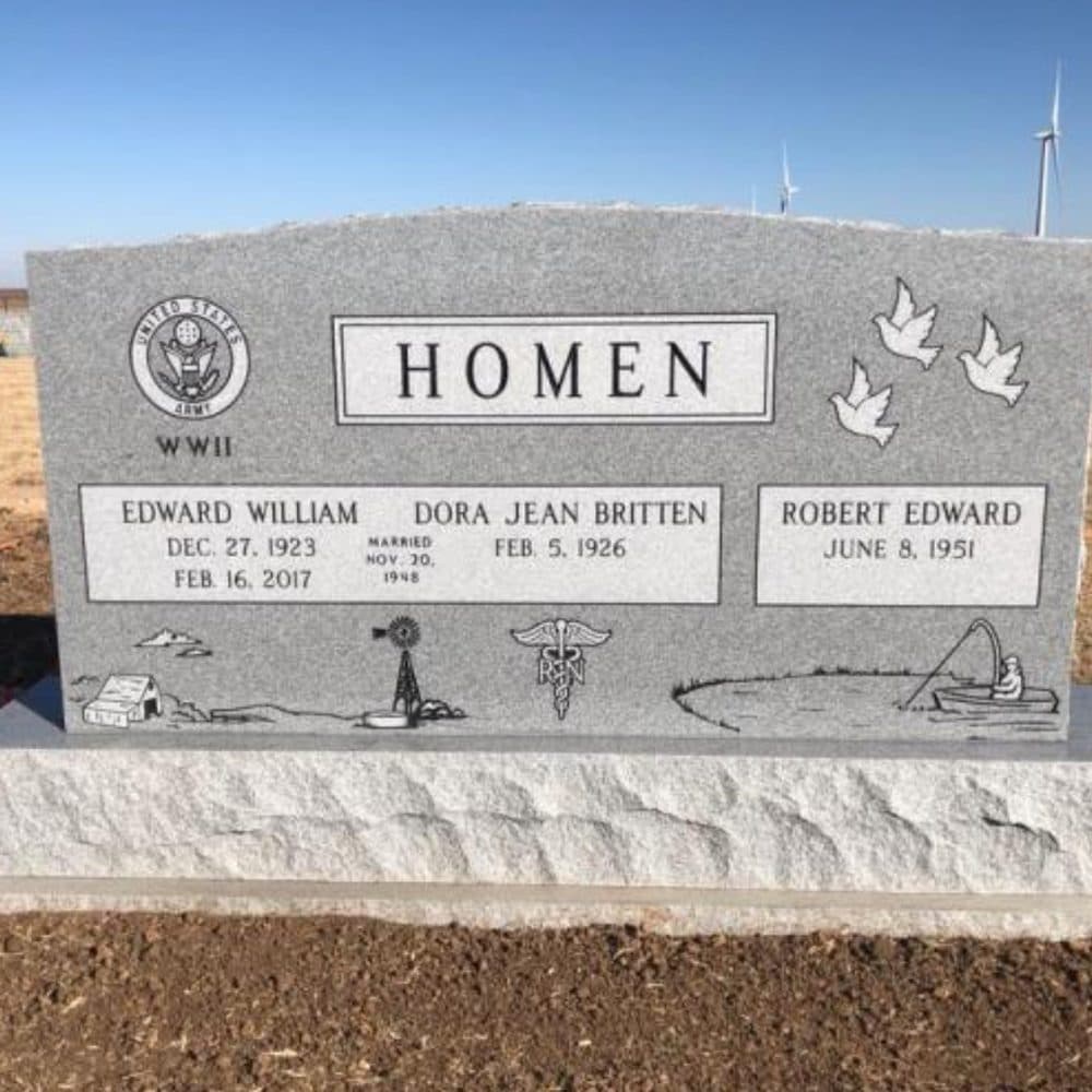 Gray granite companion upright monument with a shared family name, set at a Texas cemetery
